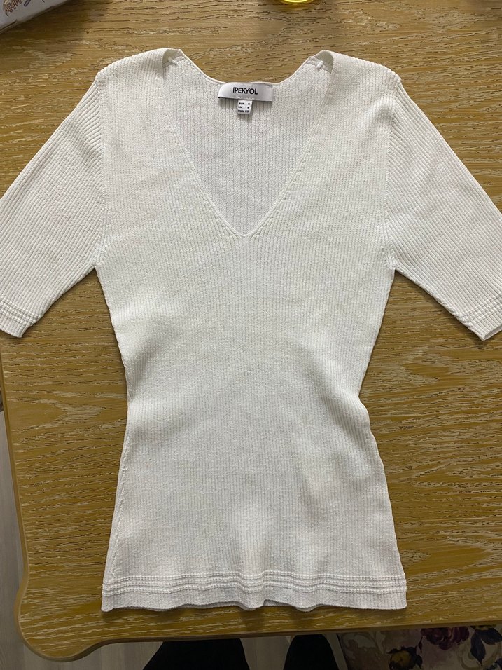 İpekyol Beyaz V Yaka Kısa Kollu Triko Kadın Kazak - Görsel 2