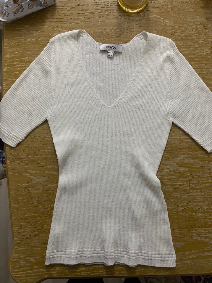 İpekyol Beyaz V Yaka Kısa Kollu Triko Kadın Kazak - Görsel 3