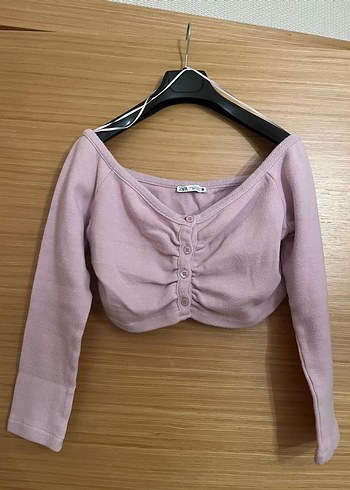 Düğmeli Pembe Triko Crop Top