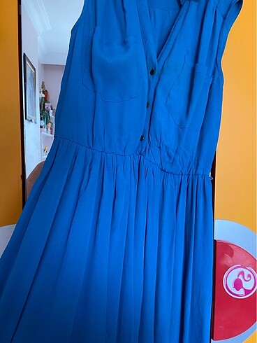 m Beden mavi Renk Mavi belden oturmalı gömlek yaka düğmeli elbise