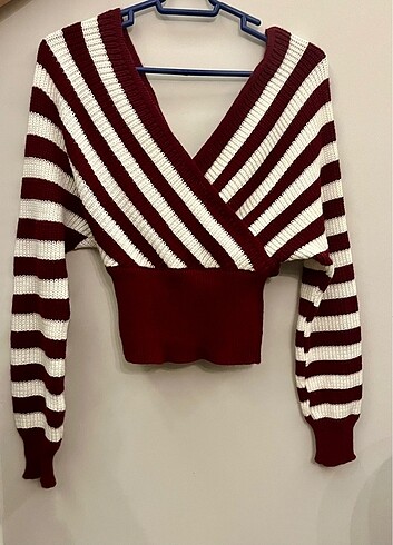 Zara Kruvaze Çizgili Örgü Crop Bluz