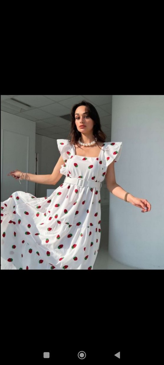 Beyaz Çilek Desenli Straplez Çilekli Elbise - Görsel 2