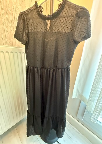 Siyah V Yaka Fırfırlı Midi Elbise - Görsel 2