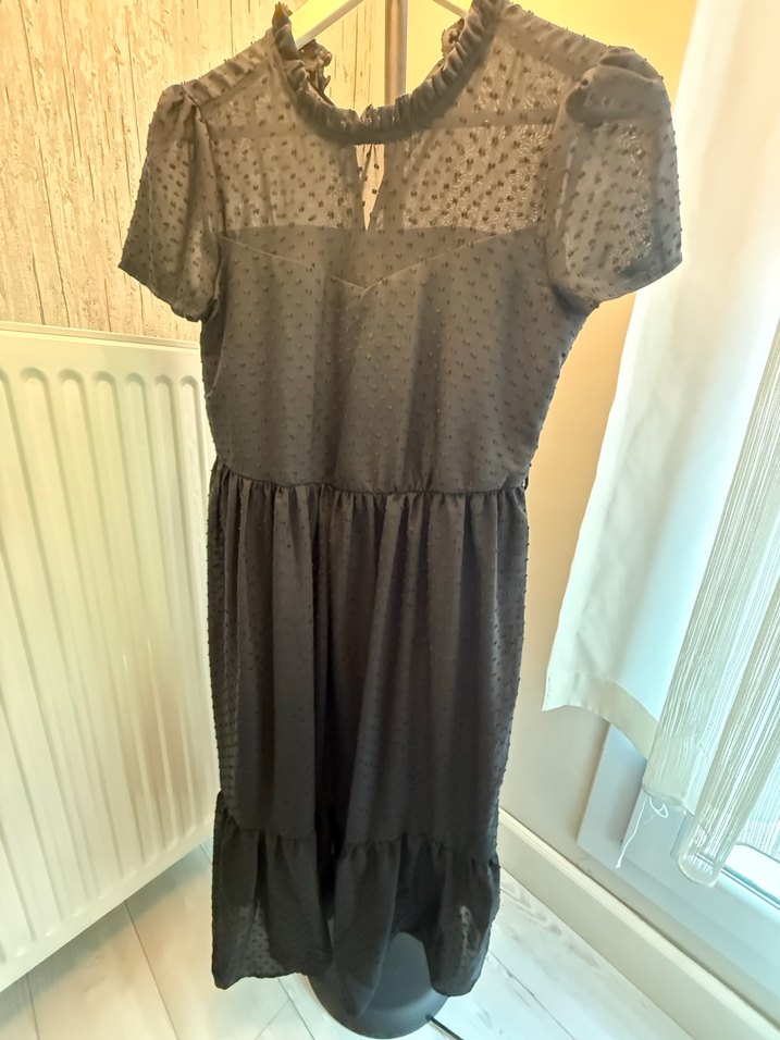 Siyah V Yaka Fırfırlı Midi Elbise - Görsel 2