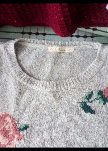 Gri Nakışlı Bohem Kadın Triko Kazak - Görsel 2