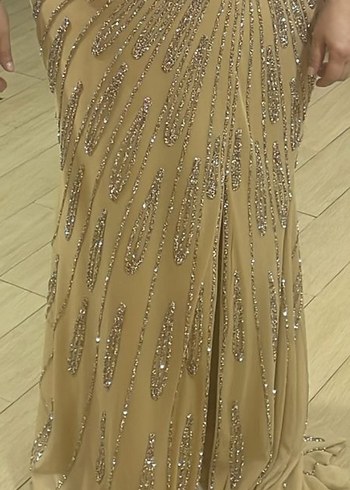 Bej V Yaka Payetli Uzun Abiye Elbise - Görsel 2