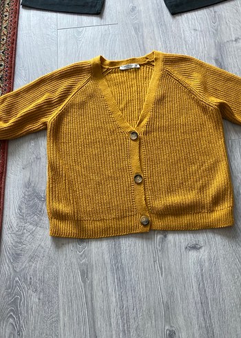 Sarı Örgü Kadın Hırka, V Yaka, Rahat Kesim