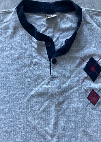 Gri Uzun Kollu Düğmeli Polo Tişört pijama üstü - Görsel 2