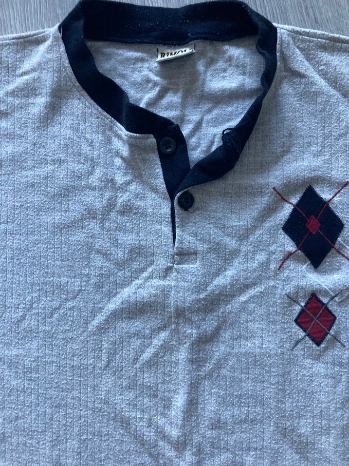 Gri Uzun Kollu Düğmeli Polo Tişört pijama üstü - Görsel 2