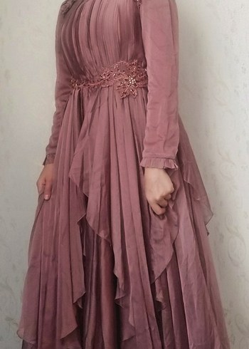 Pembe Bohem Uzun Drapeli Abiye Elbise