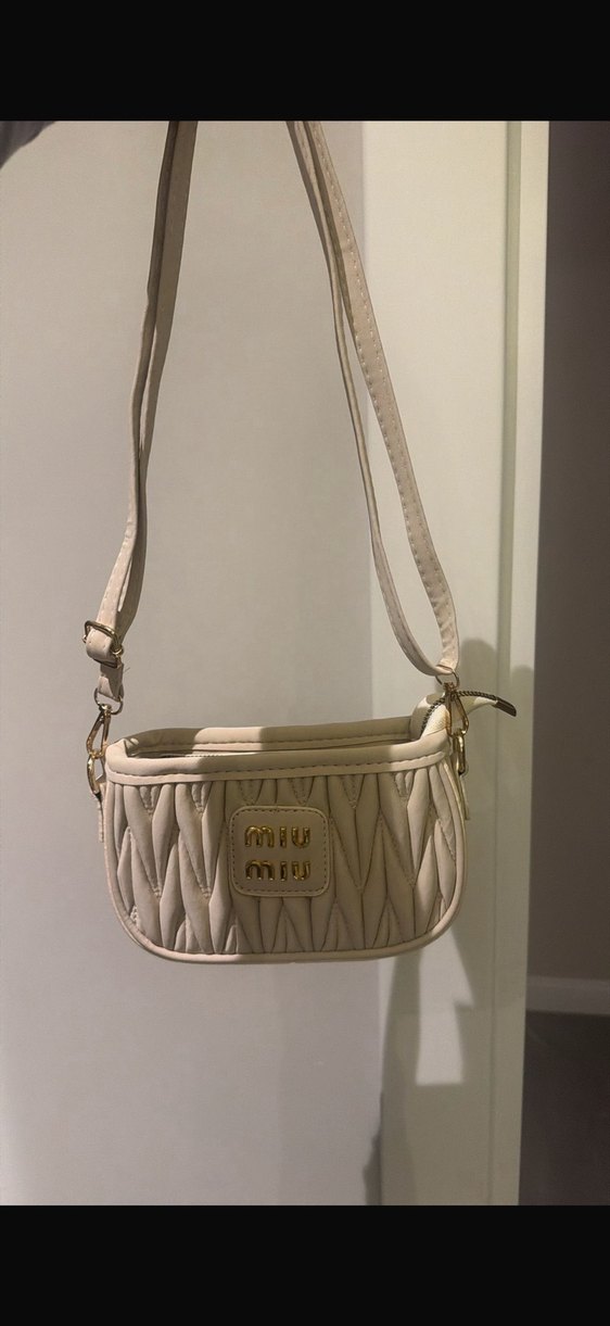Bej Deri Miu Miu Nakışlı Çapraz Çanta - Görsel 2