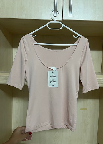 xs Beden pembe Renk Bej Kadın Kısa Kollu Dar Kesim Tişört h&m bedene oturan