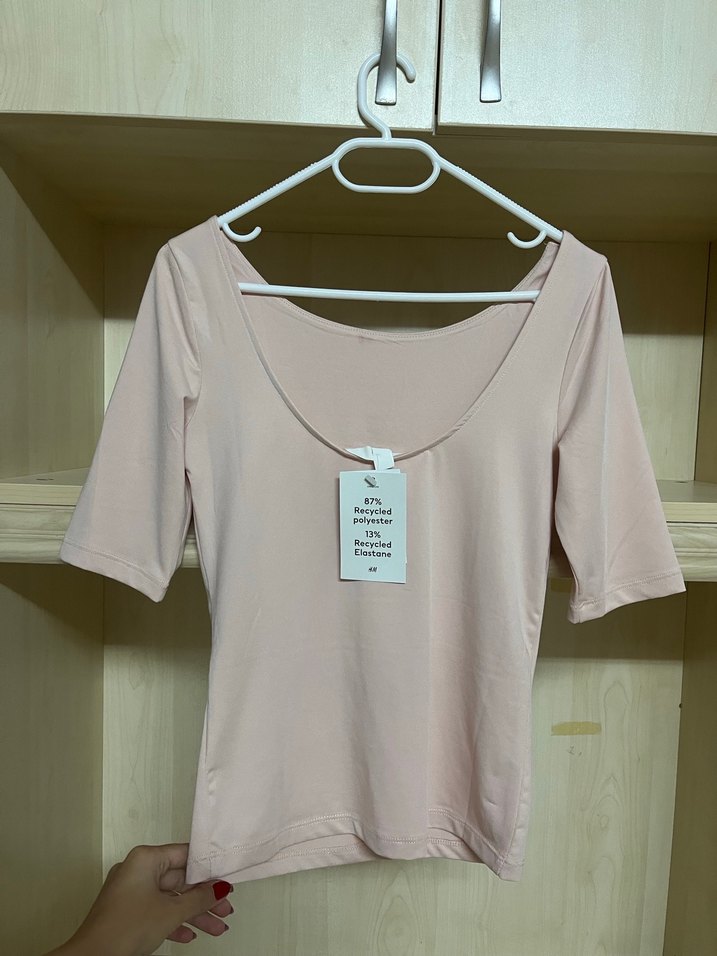 Bej Kadın Kısa Kollu Dar Kesim Tişört h&m bedene oturan - Görsel 5