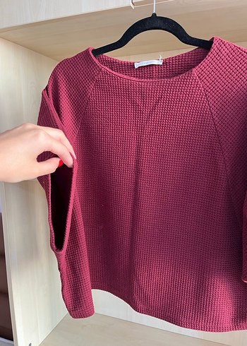 Bordo Örgü Kısa Kollu Kadın Kazak - Görsel 3