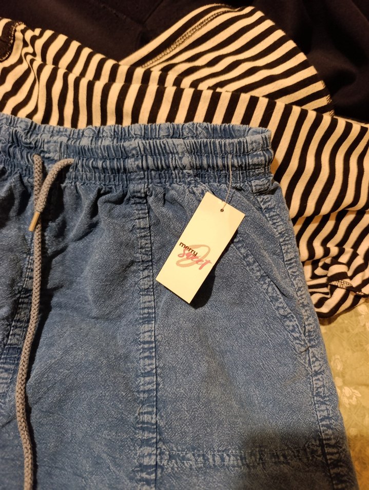 Kadın pamuklu keten karışımı şort - Görsel 2