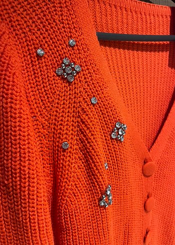 Taşlı  Kırmızı Örgü Kadın Hırka - Görsel 2