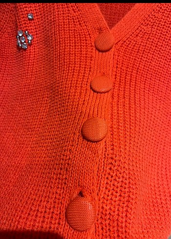 Taşlı  Kırmızı Örgü Kadın Hırka - Görsel 3