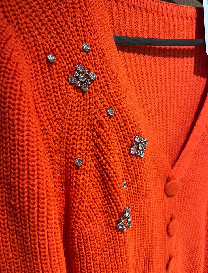 Taşlı  Kırmızı Örgü Kadın Hırka - Görsel 2