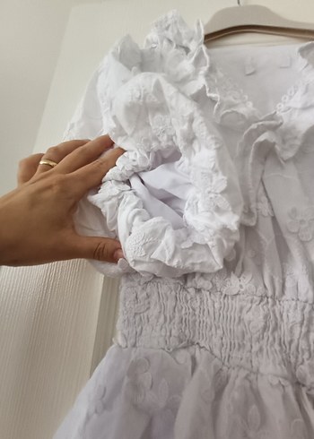 V Yaka Mini Beyaz Bohem elbise - Görsel 3