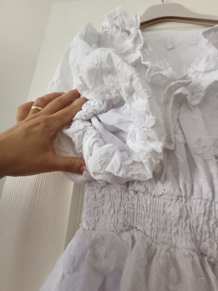 V Yaka Mini Beyaz Bohem elbise - Görsel 3