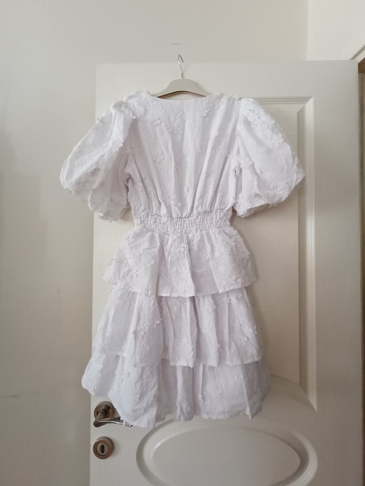 V Yaka Mini Beyaz Bohem elbise - Görsel 4
