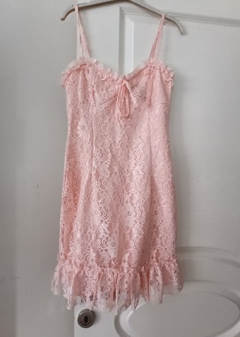 Pembe Dantel Midi İnce Askılı Elbise - Görsel 5