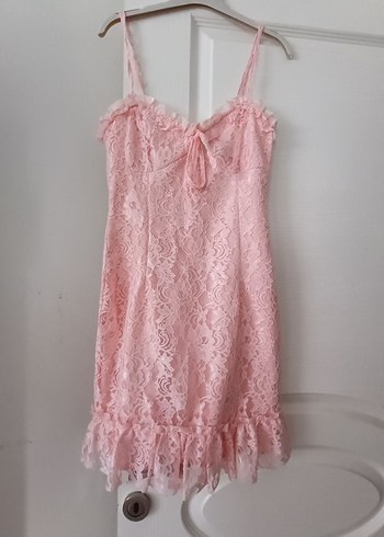 Pembe Dantel Midi İnce Askılı Elbise - Görsel 4