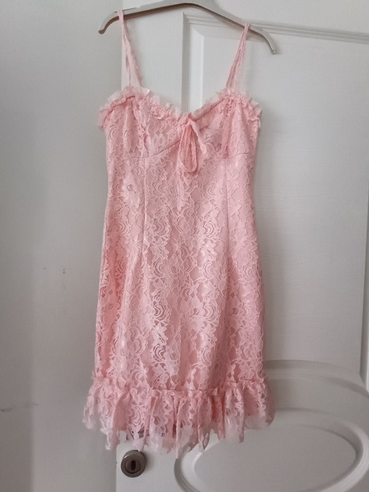 Pembe Dantel Midi İnce Askılı Elbise - Görsel 4