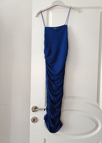 Sade Drapeli Lacivert Uzun Kadın Elbise - Görsel 2