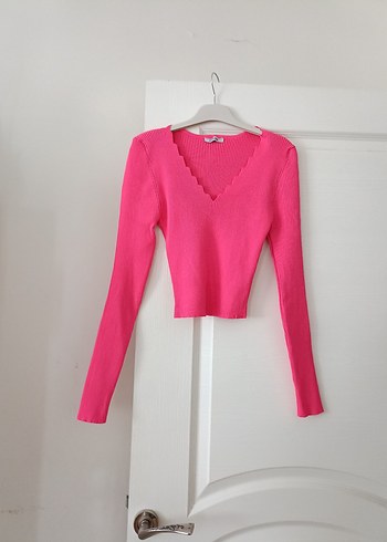 Pembe V Yaka Kolsuz Mini Triko Kazak - Görsel 2