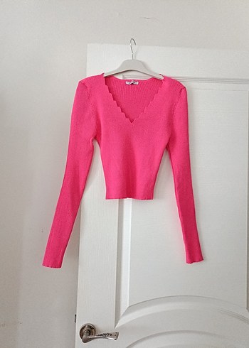 Pembe V Yaka Kolsuz Mini Triko Kazak - Görsel 3