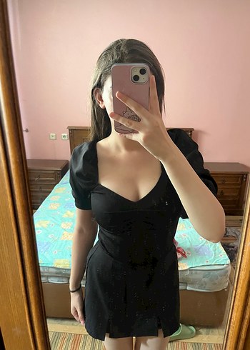 Diğer Siyah V Yaka Şeffaf Kısa Kollu Midi Elbise