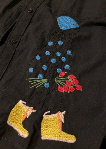 Siyah Uzun Kollu nakışlı Gömlek - Görsel 2