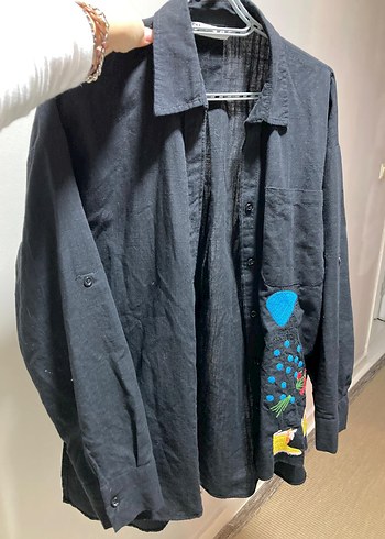 Siyah Uzun Kollu nakışlı Gömlek - Görsel 7