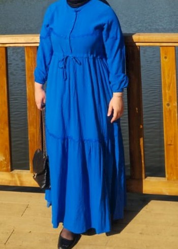 Mavi Uzun Keten Elbise, Fırfırlı, Askılı - Görsel 2