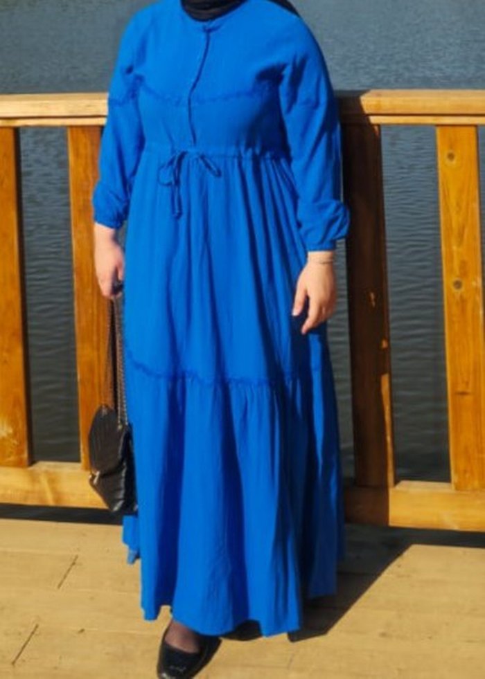 Mavi Uzun Keten Elbise, Fırfırlı, Askılı - Görsel 2