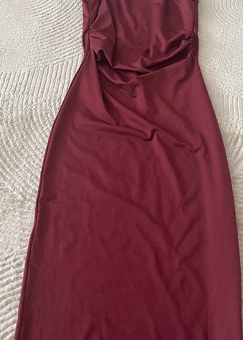 s Beden bordo Renk Bordo Drapeli Uzun Straplez Kadın Elbise