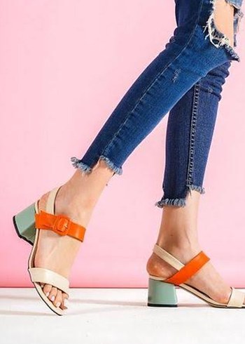 Kadın Çok Renkli Denim Bağcıklı Topuklu Sandalet