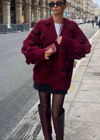 Bordo Örgü çiçek motif Hırka