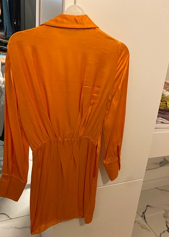 Turuncu V Yaka Drapeli Mini Elbise - Görsel 3