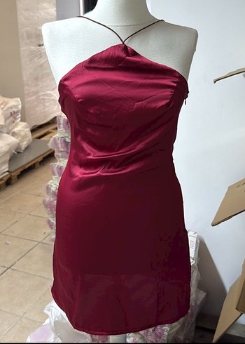 Bordo Drapeli İp Askılı Midi Elbise