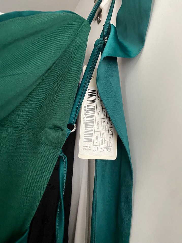 Uzun, V Yakalı, Saten Turkuaz Elbise - Görsel 5