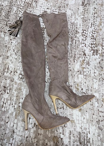 Bej Süet Dizüstü Stiletto Çizme