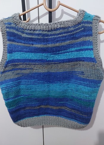 V Yaka Mavi Gri El Örgüsü Süveter - Görsel 2