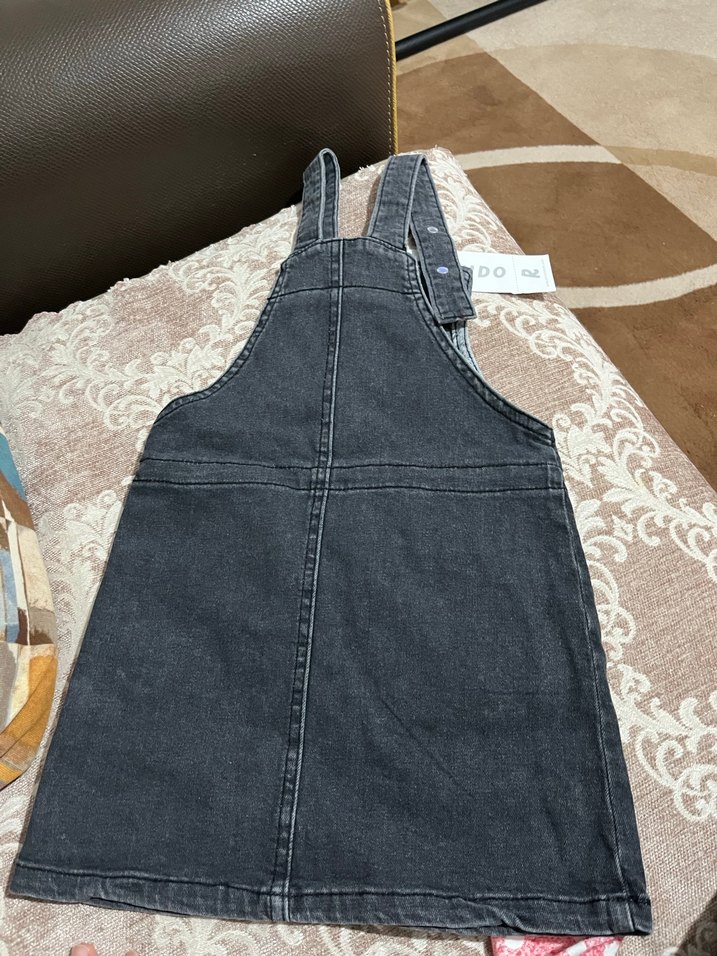 Gri Kız çocuk Kot Salopet Nakışlı Düğmeli - Görsel 2