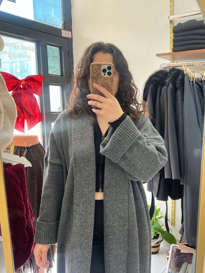 Gri Uzun Oversize Yün Kaban - Görsel 3