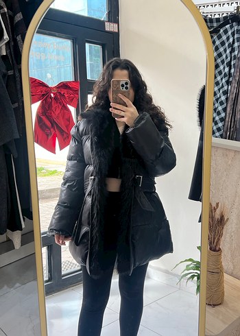 Siyah Deri Kürklü Kemerli Kaban - Görsel 3