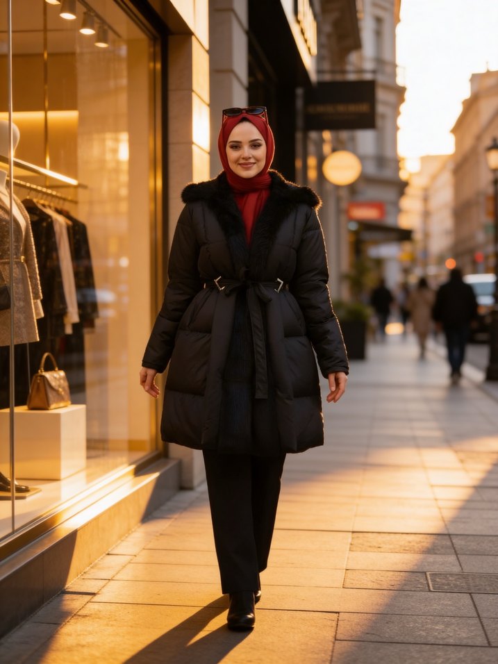 Siyah Deri Kürklü Kemerli Kaban - Görsel 5