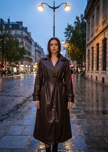 Kadın Uzun Kahverengi Drapeli Trençkot - Görsel 6