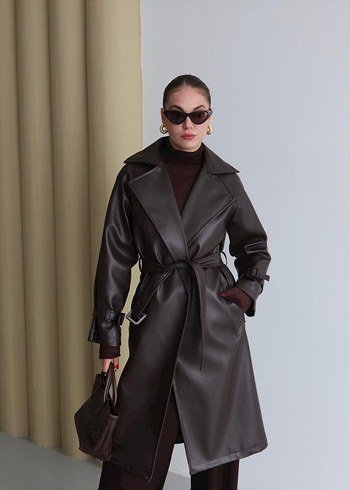 Kadın Uzun Kahverengi Drapeli Trençkot - Görsel 5